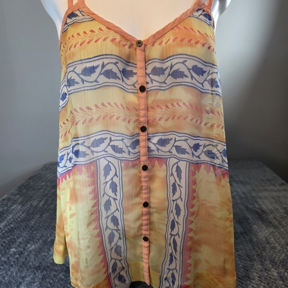 Free People Yellow Blue Coral Patterned Button-Front Camisole